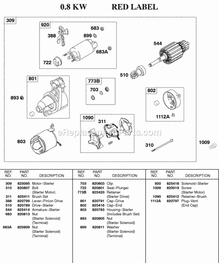 Starter Motor 08Kw Red Label Diagram and Parts List for 583447-0217-E2  Briggs and Stratton Engine